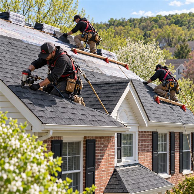 Roof Strong crew installing asphalt shingles for roof installation in Telford, PA