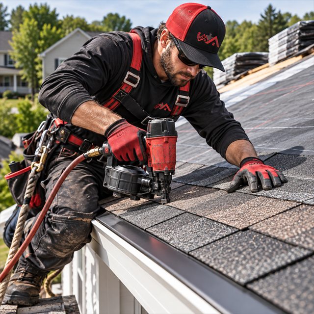 Roof Strong roofer fastening asphalt shingles for roof installation services near me