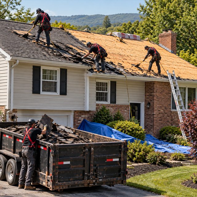 Roof Strong roofers removing old asphalt shingles for roof installation services near me