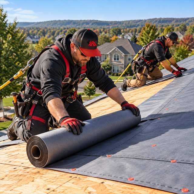 Roof Strong roofers installing roofing underlayment for roof installation in Souderton, PA