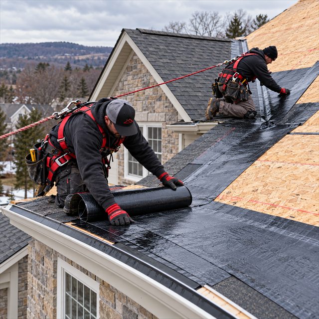 Alt Text: Roof Strong roofers installing waterproof roofing underlayment for roof installation services near me