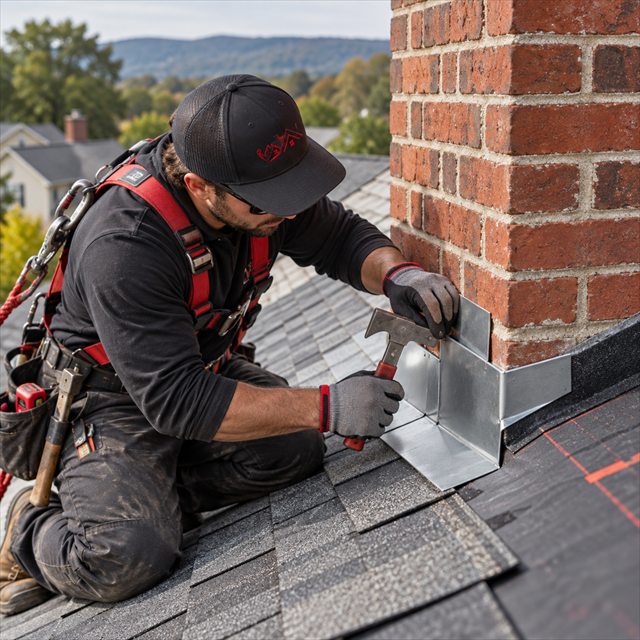 Roof Strong roofer installing chimney flashing for roof installation in Harleysville, PA