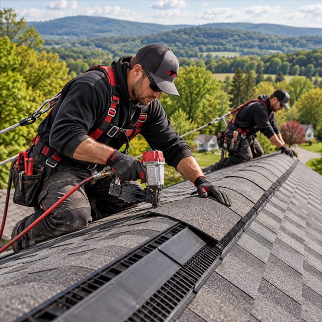 Roof Strong roofers installing ridge cap shingles for roof installation services near me