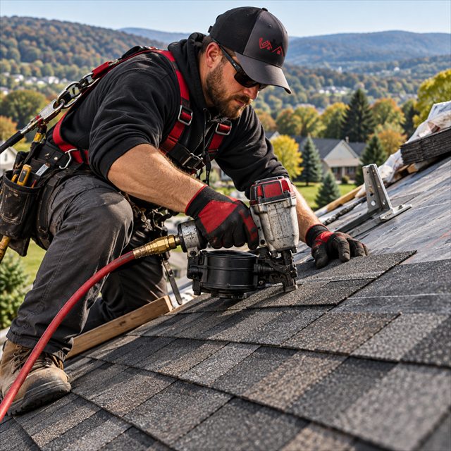 Roof Strong roofer installing asphalt shingles for roof installation in Lansdale, PA