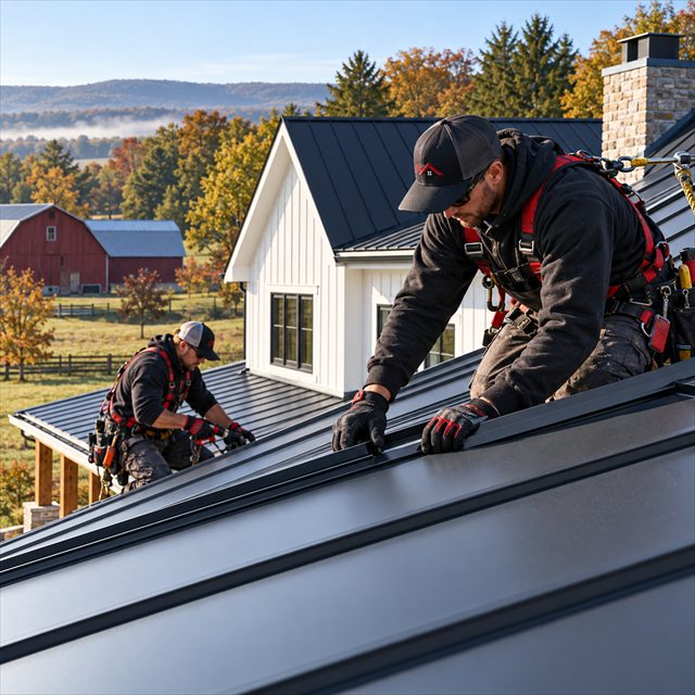 Roof Strong roofers installing standing seam metal roofing for roof installation in Hatfield, PA
