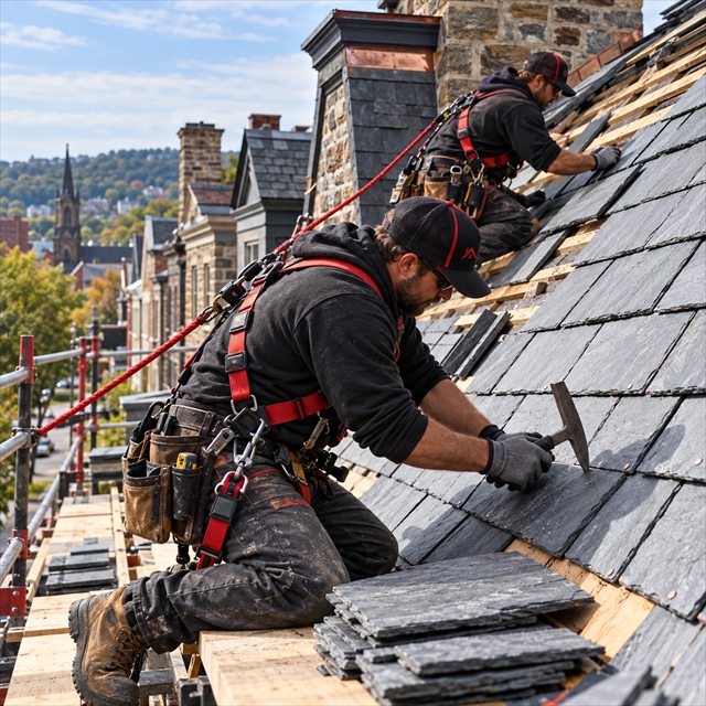 Roof Strong roofers installing slate roofing for roof installation services near me