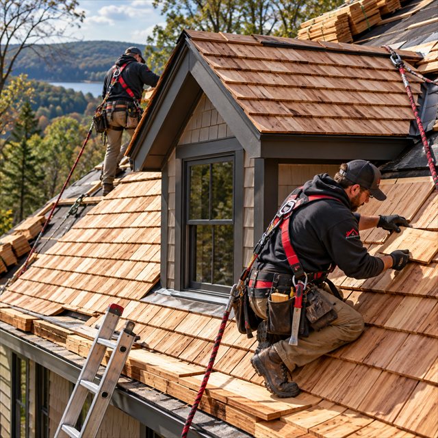 Roof Strong roofers installing cedar shake roofing for roof installation in Pennsburg, PA
