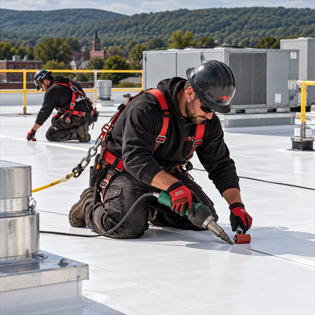 Roof Strong roofers installing a commercial roofing membrane for roof installation services near me