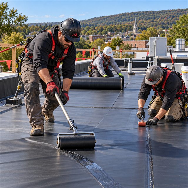 Roof Strong roofers installing a commercial roofing membrane for roof installation services near me
