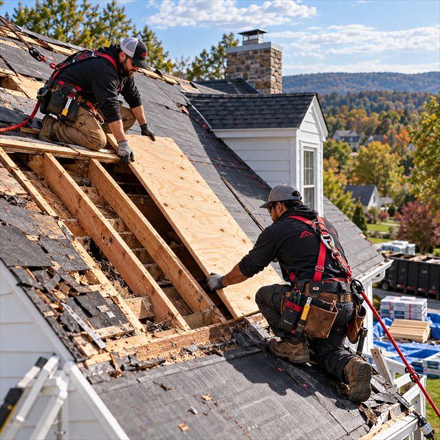 Roof Strong roofers replacing damaged roof decking for roof installation in Quakertown, PA
