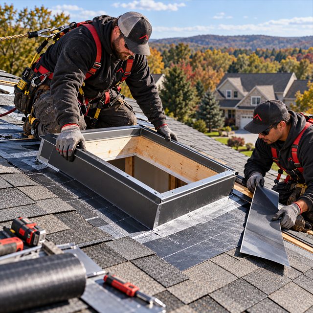 Roof Strong roofers installing skylight framing and flashing for roof installation services near me