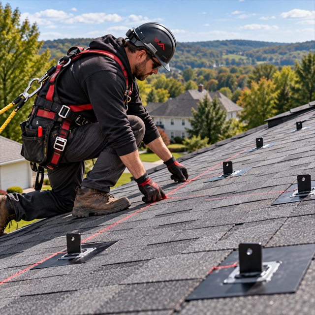 Alt Text: Roof Strong roofer marking layout lines and roof attachment points for roof installation in Dublin, PA