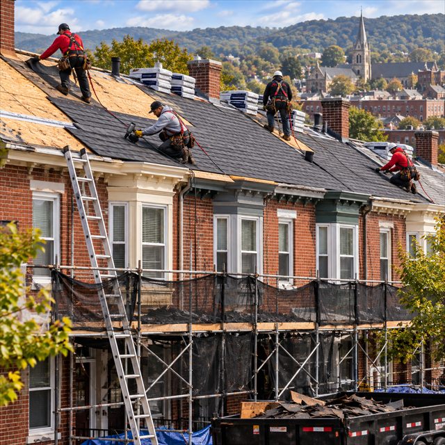 Alt Text: Roof Strong roofers installing asphalt shingles on attached homes for roof installation in Perkasie, PA