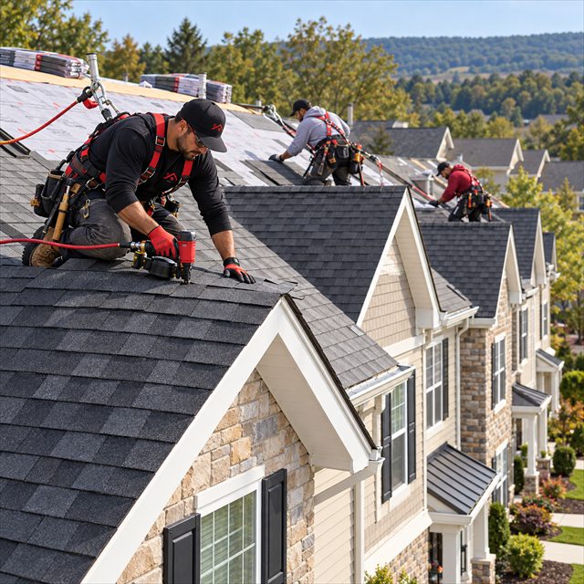 Roof Strong roofers installing asphalt shingles for roof installation services near me