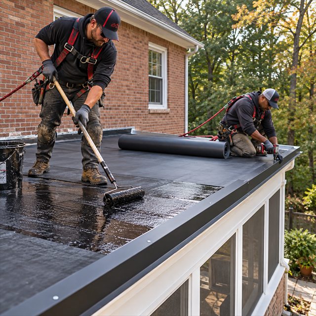 Roof Strong roofers installing rolled roofing membrane for roof installation in Sellersville, PA