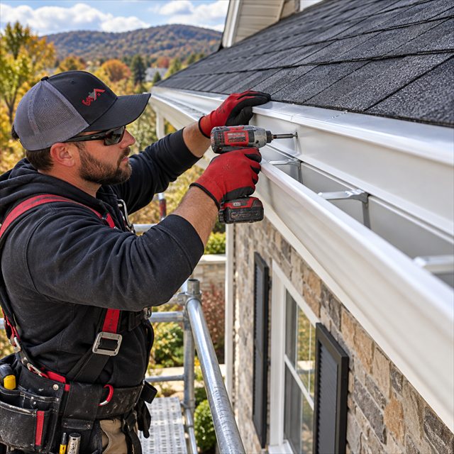 Roof Strong roofer installing gutter brackets and roof-edge components for roof installation in Coopersburg, PA