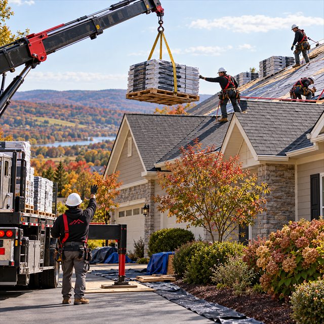 Roof Strong crew hoisting roofing materials for roof installation services near me