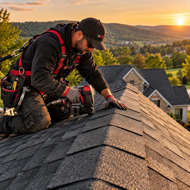 Roof Strong roofer installing ridge cap shingles for roof installation services near me