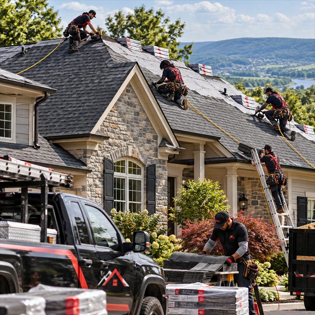 Roof Strong crew installing asphalt shingles for roof installation in Allentown, PA