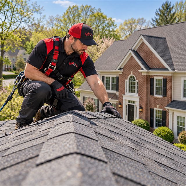 Roofing contractor inspecting asphalt shingles in Montgomery County, PA