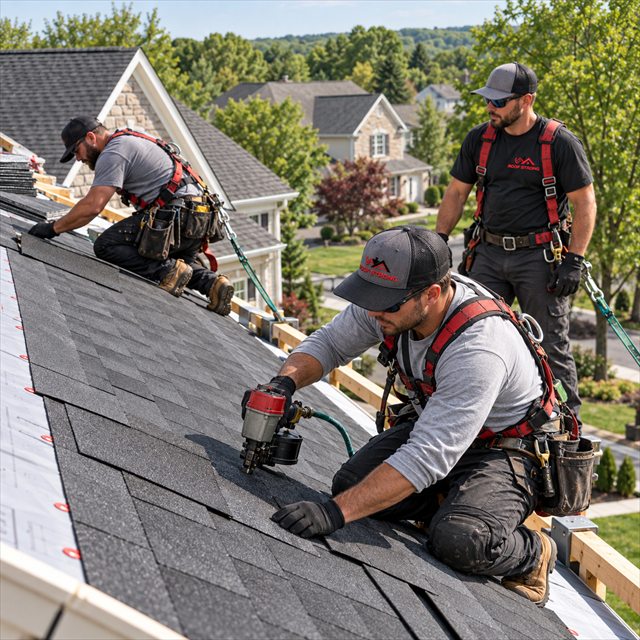 Roofers installing asphalt shingles for roofing contractor services near me
