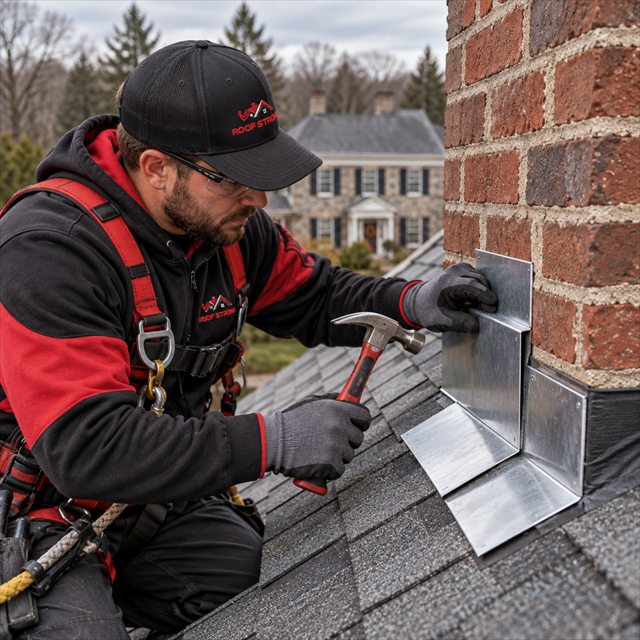 Alt Text: Roof Strong roofer installing chimney flashing on an asphalt shingle roof in Bucks County, PA