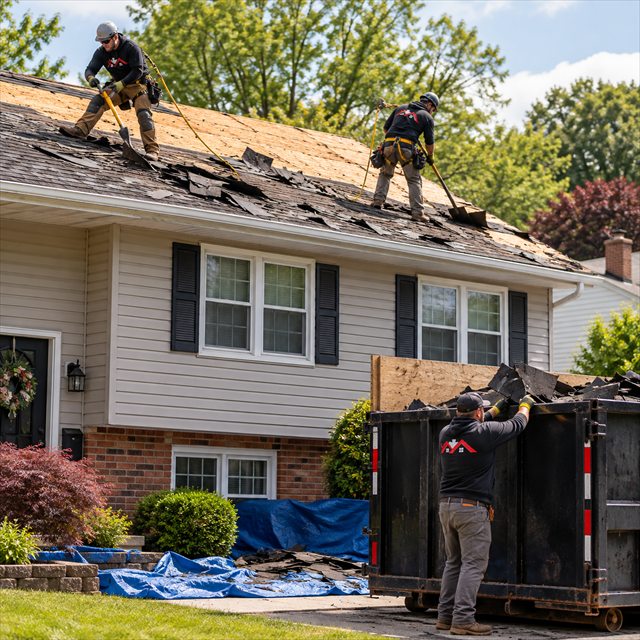 Alt Text: Roof Strong crew removing old asphalt shingles for roofing contractor services near me