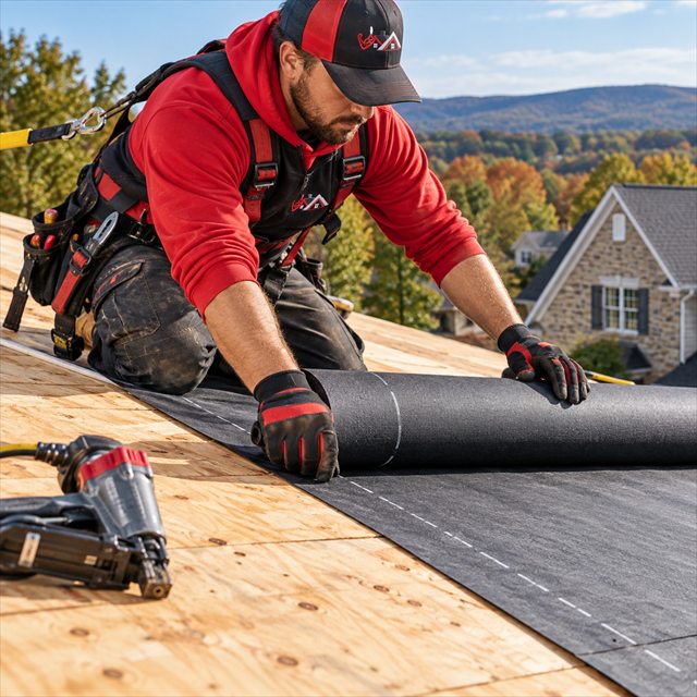 Roof Strong roofer installing roofing underlayment in Lehigh County, PA