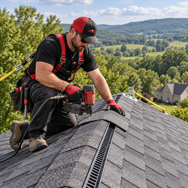 Roof Strong roofer installing ridge cap shingles for roofing contractor services near me