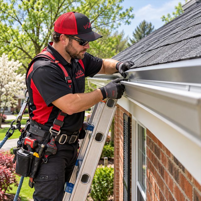 Roof Strong roofer installing gutter flashing for roofing contractor services near me