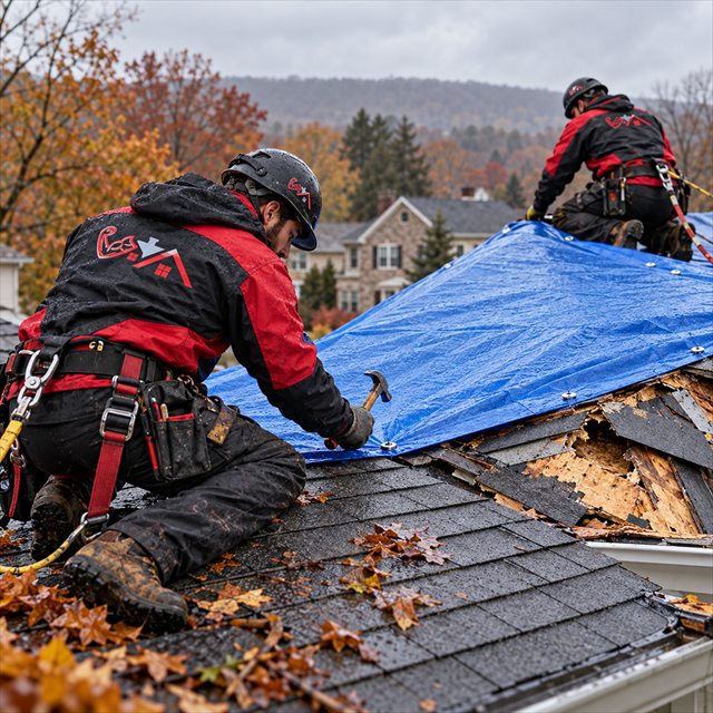 Roof Strong roofers securing a tarp over a damaged roof for roofing contractor services near me