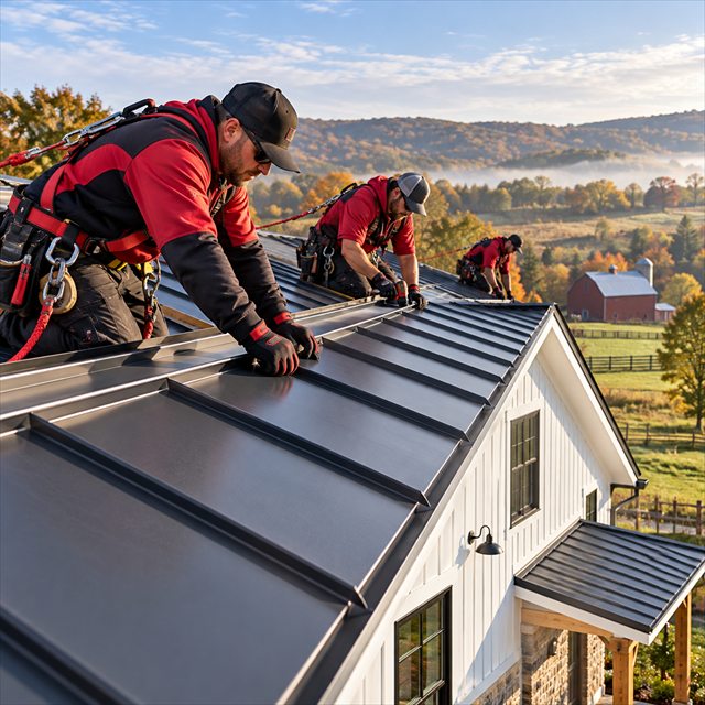 Roof Strong roofers installing a standing seam metal roof for roofing contractor services near me