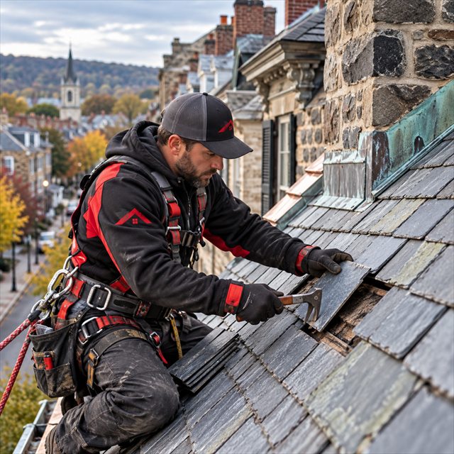 Roof Strong roofer repairing slate roofing in Souderton, PA