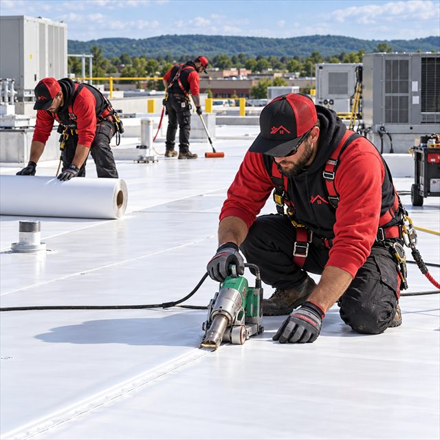 Roof Strong roofers installing a white commercial roofing membrane in Harleysville, PA