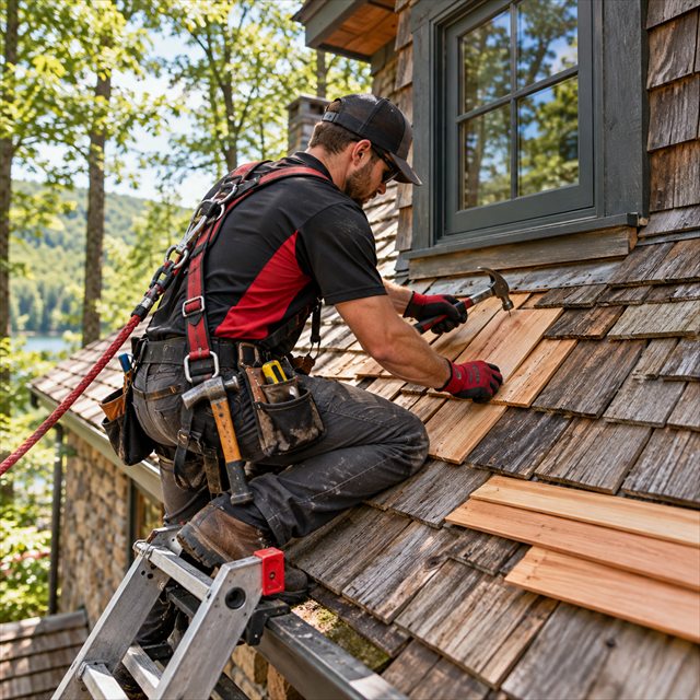 Roof Strong roofer replacing cedar shake shingles for roofing contractor services near me