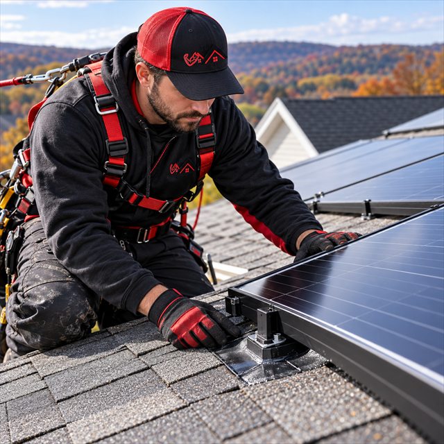 Alt Text: Roof Strong roofer installing solar panels on a residential roof in Lansdale, PA
