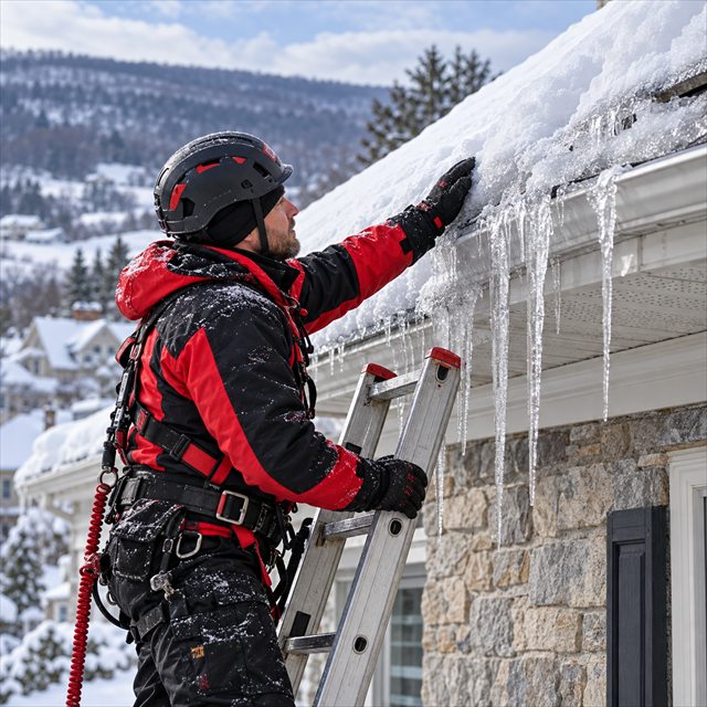 Roof Strong roofer inspecting snow and ice buildup along a roof edge for roofing contractor services near me