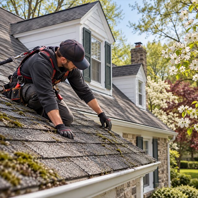 Roof Strong roofer inspecting moss and wear on asphalt shingles in Hatfield, PA