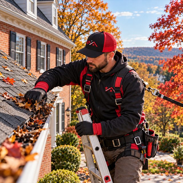 Roof Strong roofer clearing leaves and debris from a gutter for roofing contractor services near me