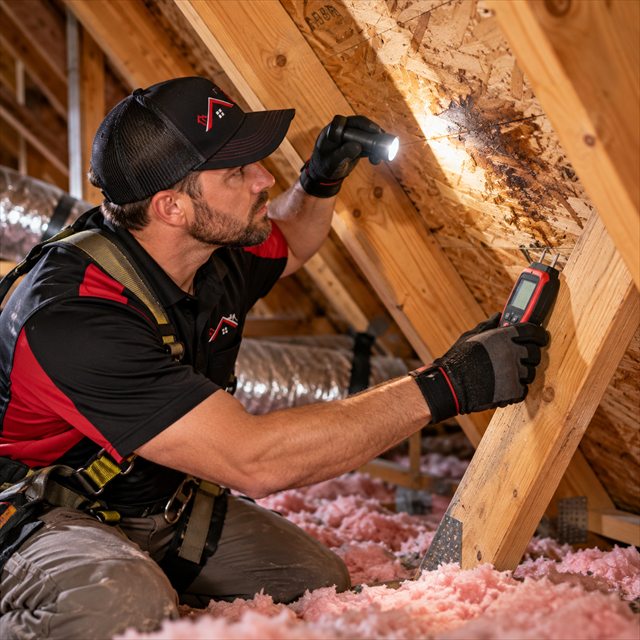 Roof Strong roofer inspecting moisture damage in attic roof decking in Pennsburg, PA