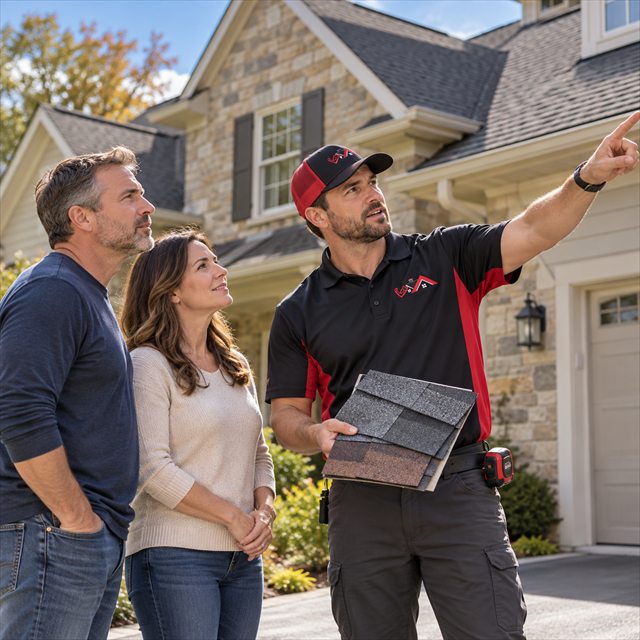 Roof Strong roofing contractor discussing shingle options with homeowners for roofing services near me