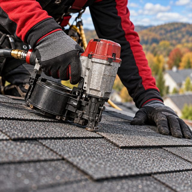 Roof Strong roofer installing asphalt shingles with a pneumatic nail gun for roofing contractor services near me