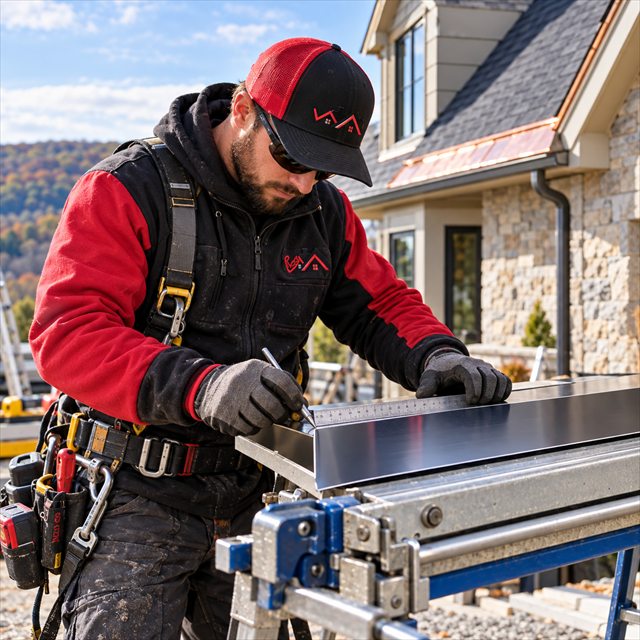 Roof Strong roofer measuring and fabricating metal flashing in Coopersburg, PA