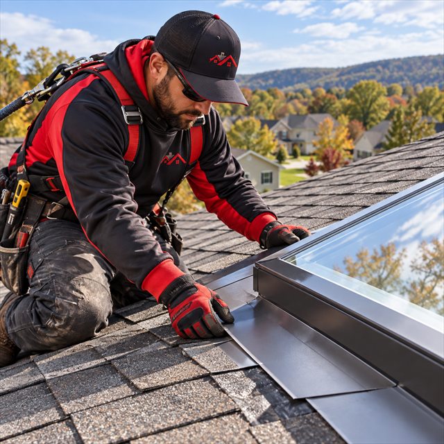 Roof Strong roofer installing skylight flashing for roofing contractor services near