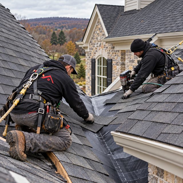 Roof Strong roofers installing asphalt shingles and valley flashing on a residential roof in Allentown, PA