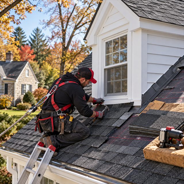 Roof Strong roofer installing asphalt shingles around a dormer for roofing contractor services near me