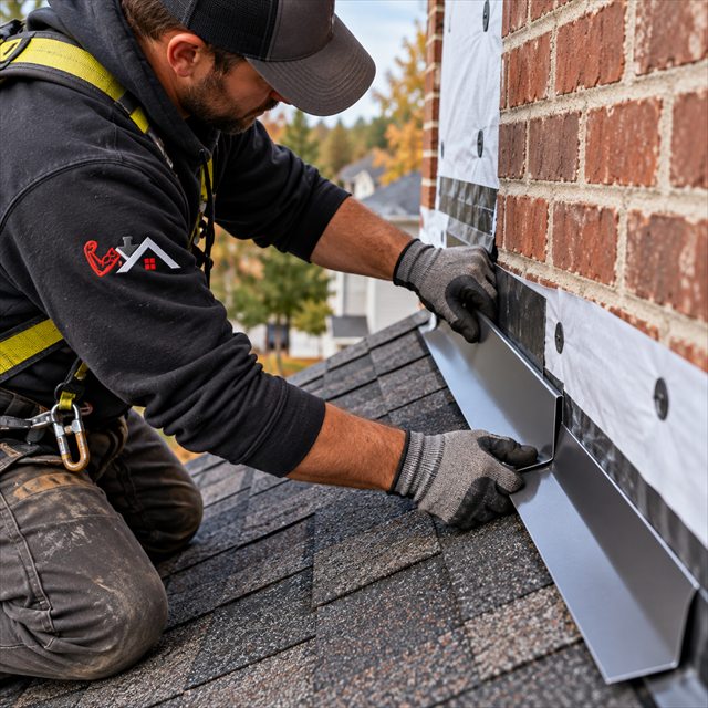 Roof Strong roofer installing wall flashing for roofing contractor services near me