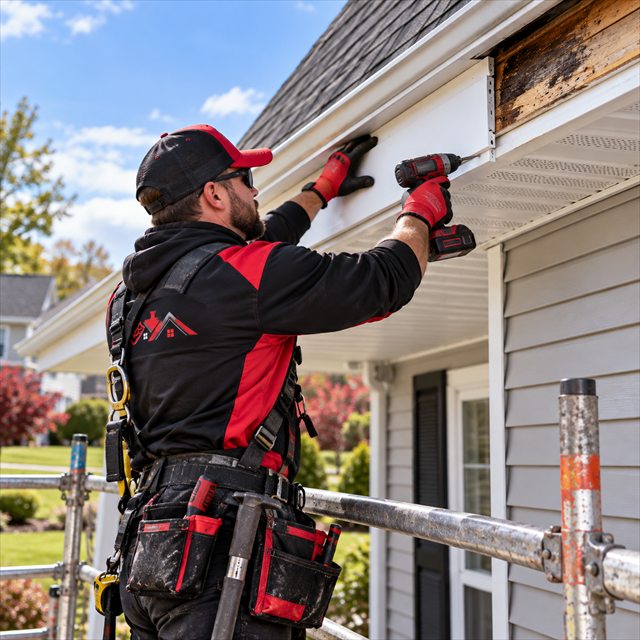 Roof Strong roofer repairing fascia and roof edge trim in Macungie, PA