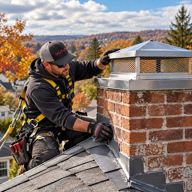 Roof Strong roofer installing chimney flashing and a chimney cap in Bethlehem, PA