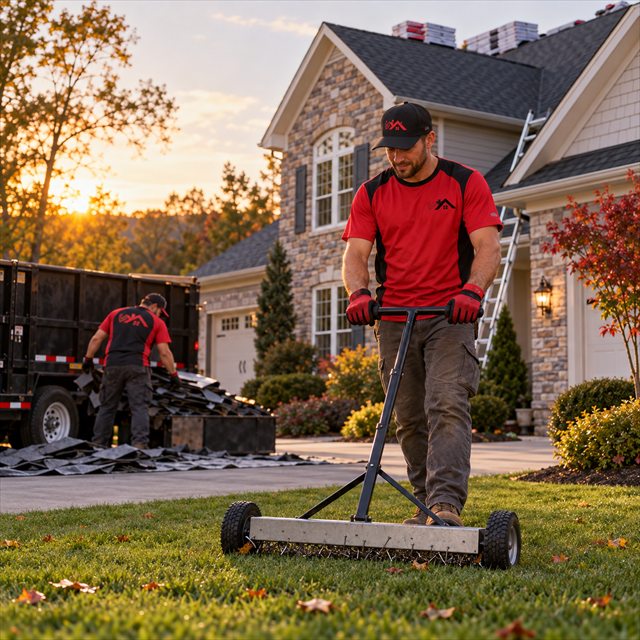 Roof Strong crew cleaning roofing debris with a rolling magnetic sweeper for roofing contractor services near me